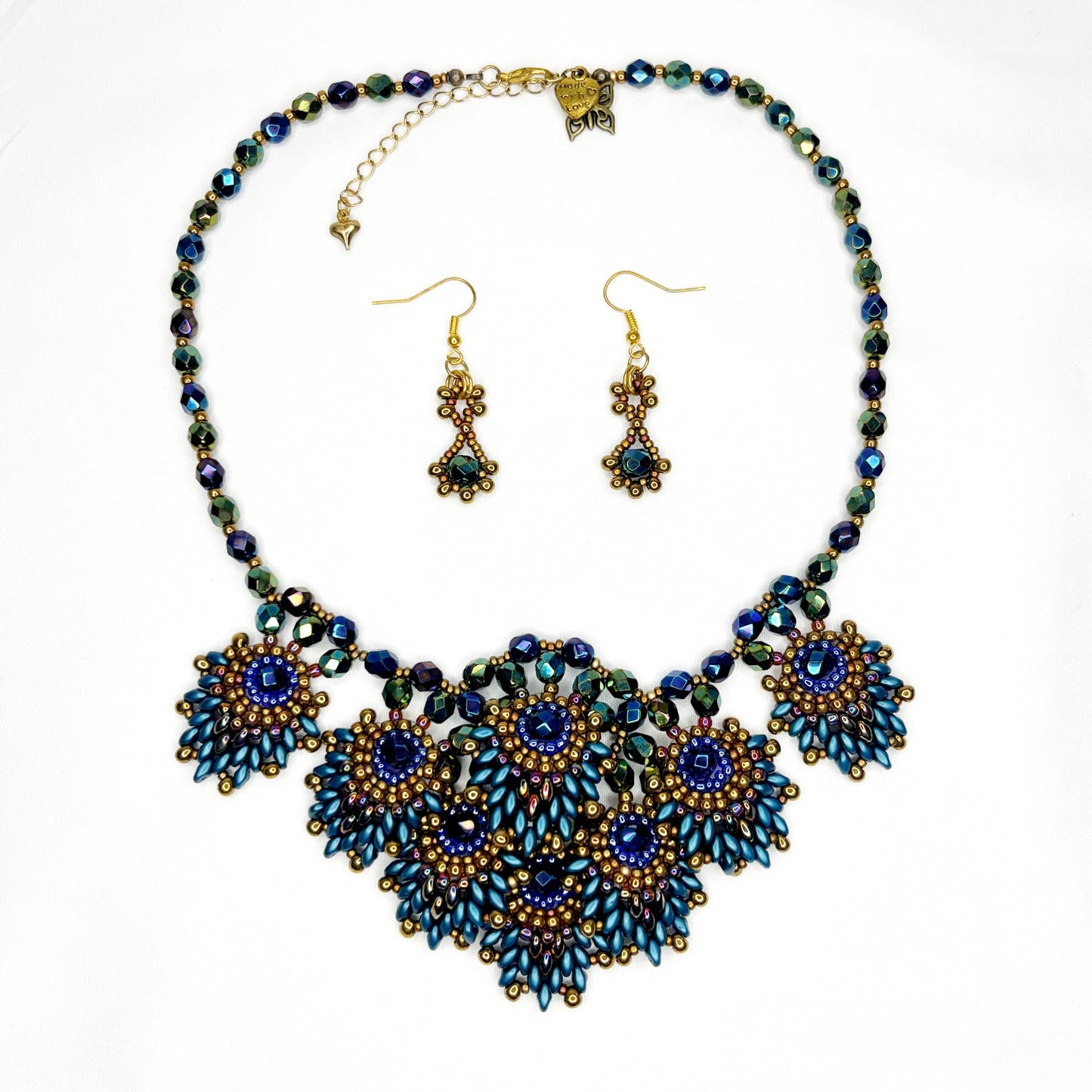 Beaded Peacock Feather Necklace and Earring Set