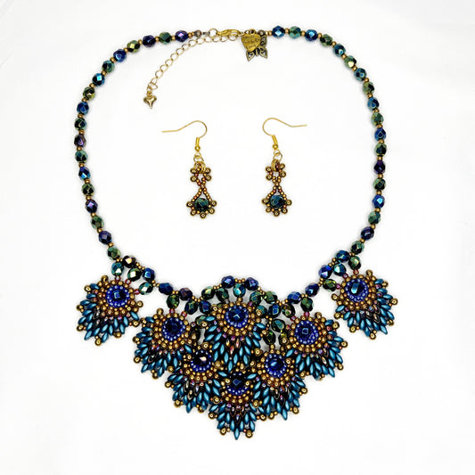 Beaded Peacock Feather Necklace and Earring Set
