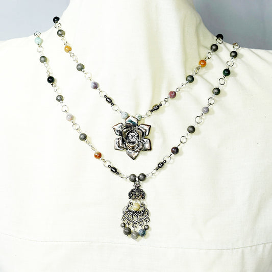 Agate and Lotus Pendant Convertible Jewellery Set