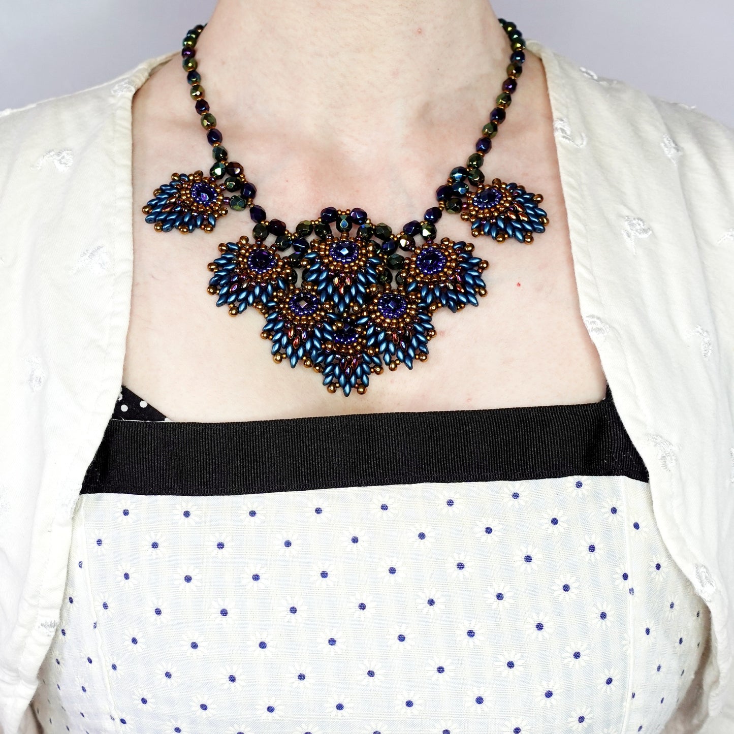 Beaded Peacock Feather Necklace and Earring Set